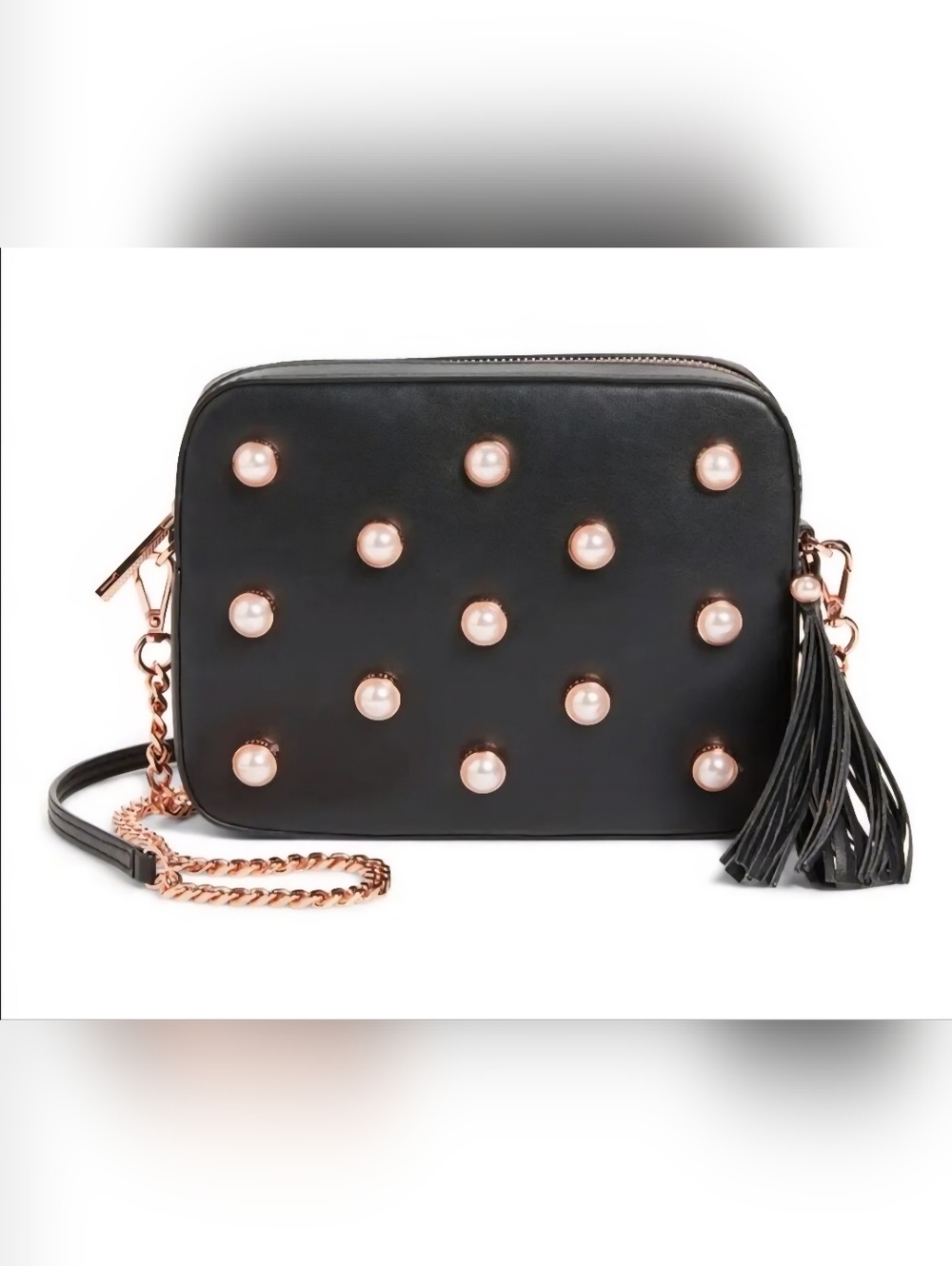 Ted Baker London Alessia Black Leather Crossbody Purse with Pearl Studs